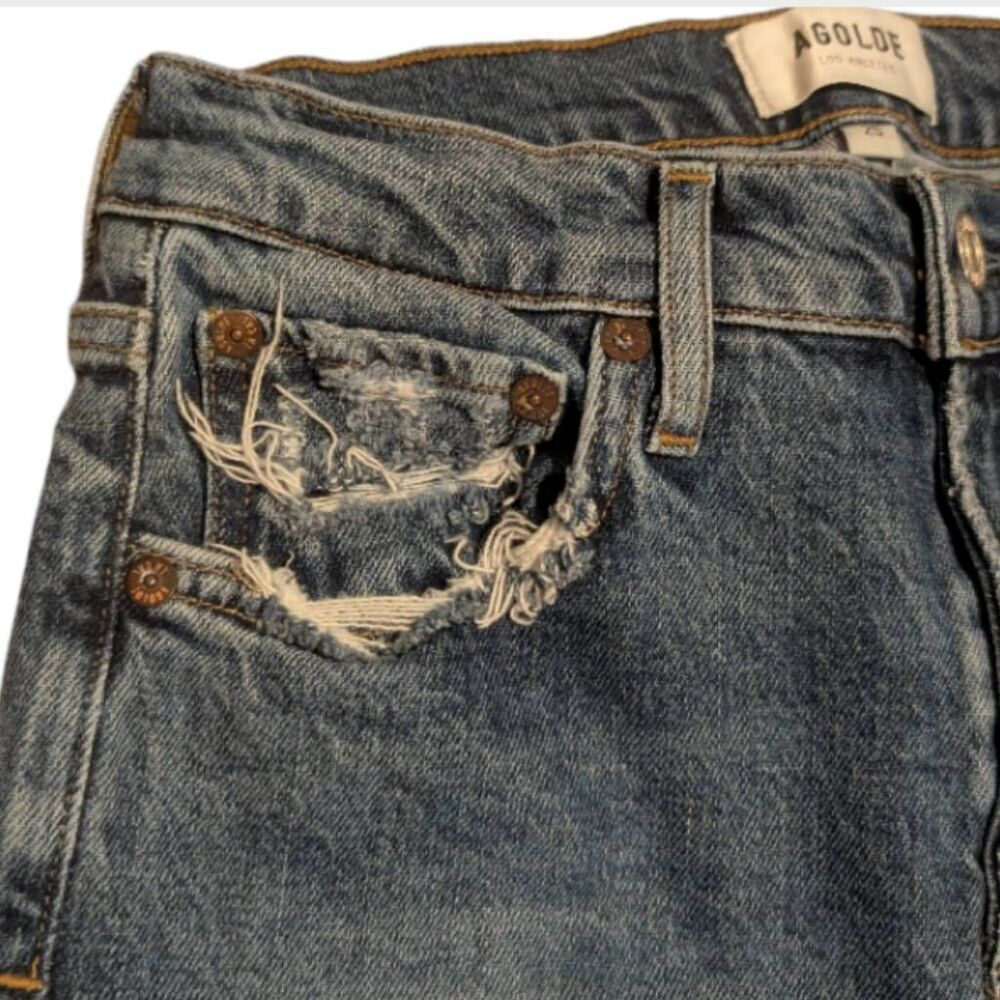 AGOLDE High Rise Crossover Jeans 25 Destroyed Hem Raw Edge Straight Leg - Picture 9 of 15